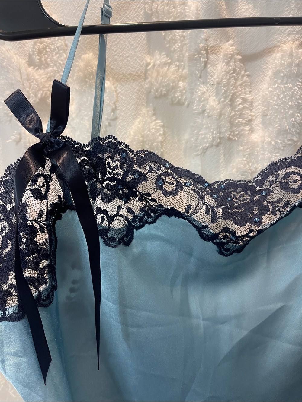 Victoria's Secret Light Blue Satin Slip Dress with Navy Lace Trim - Picture 2 of 6